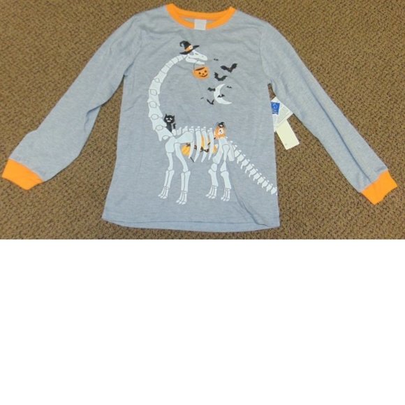 Skeleton Dinosaur Halloween Pajamas 10/12 Gray Shirt & Orange Pants 2 Pc Kids - Picture 2 of 8